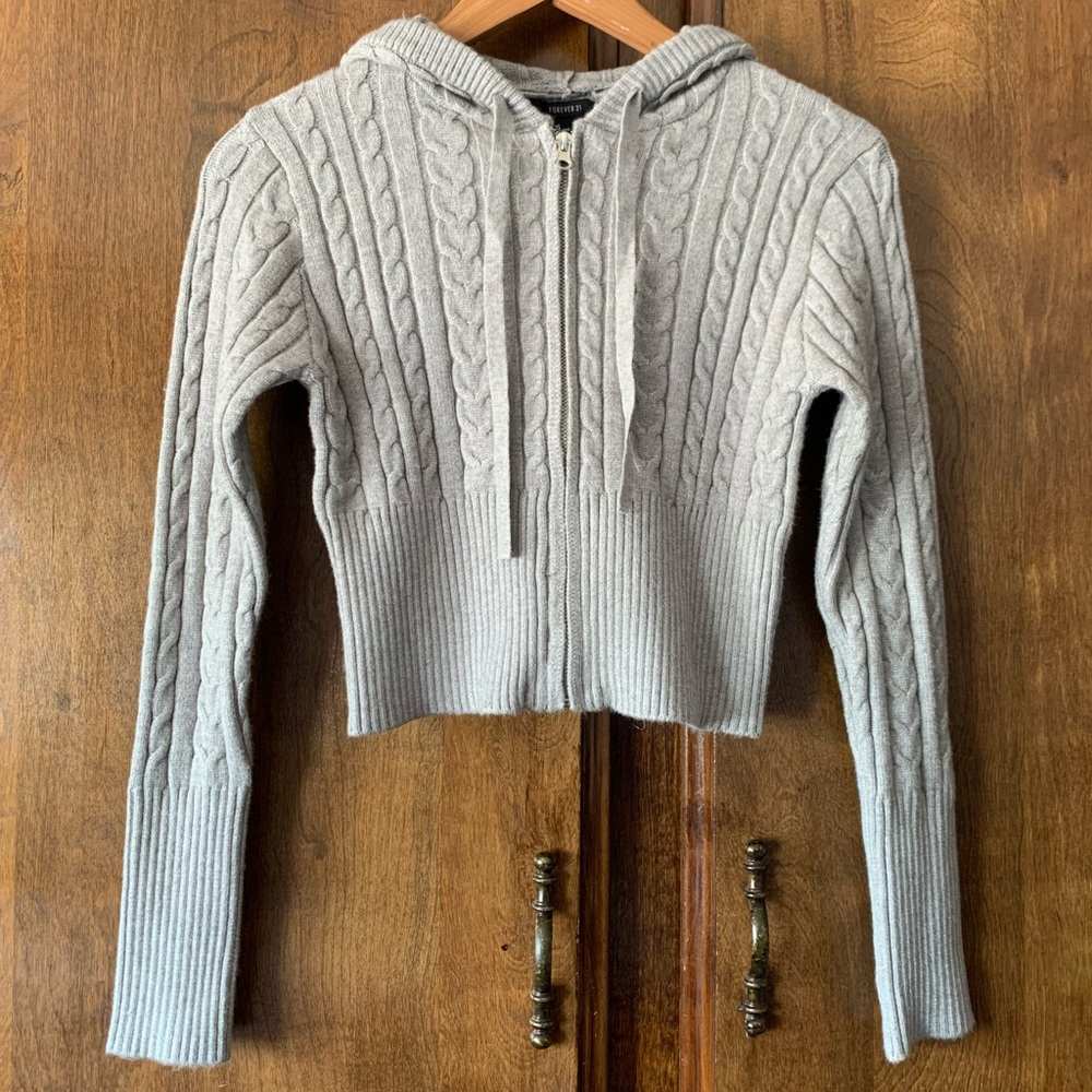 Forever21 Cable Knit Cropped Sweater Zip Up